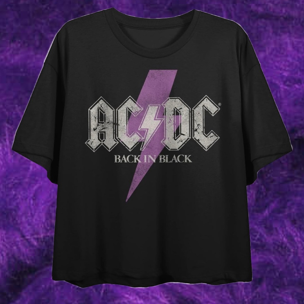 AC/DC Back in Black Black Graphic Crop T-Shirt Featuring Purple Lightning Bolt